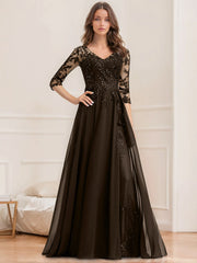 A Line Princess V Neck Half Sleeves Floor Length Mother Of The Bride Dresses With Sequins