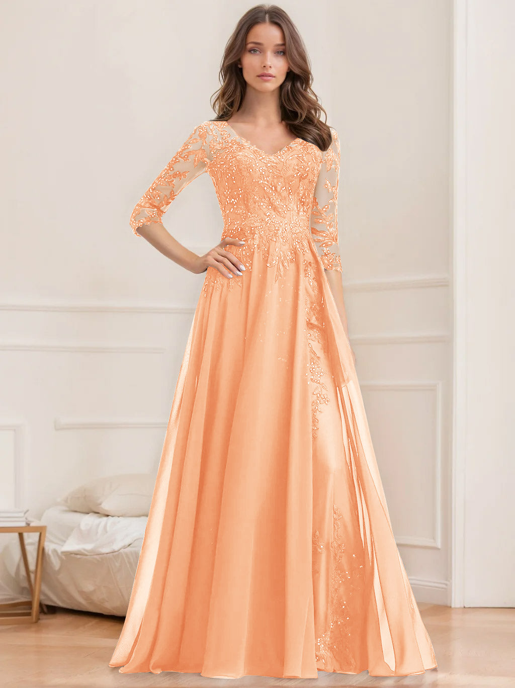 A Line Princess V Neck Half Sleeves Floor Length Mother Of The Bride Dresses With Sequins