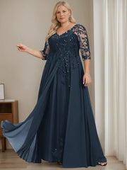 A Line Princess V Neck Half Sleeves Floor Length Mother Of The Bride Dresses With Sequins