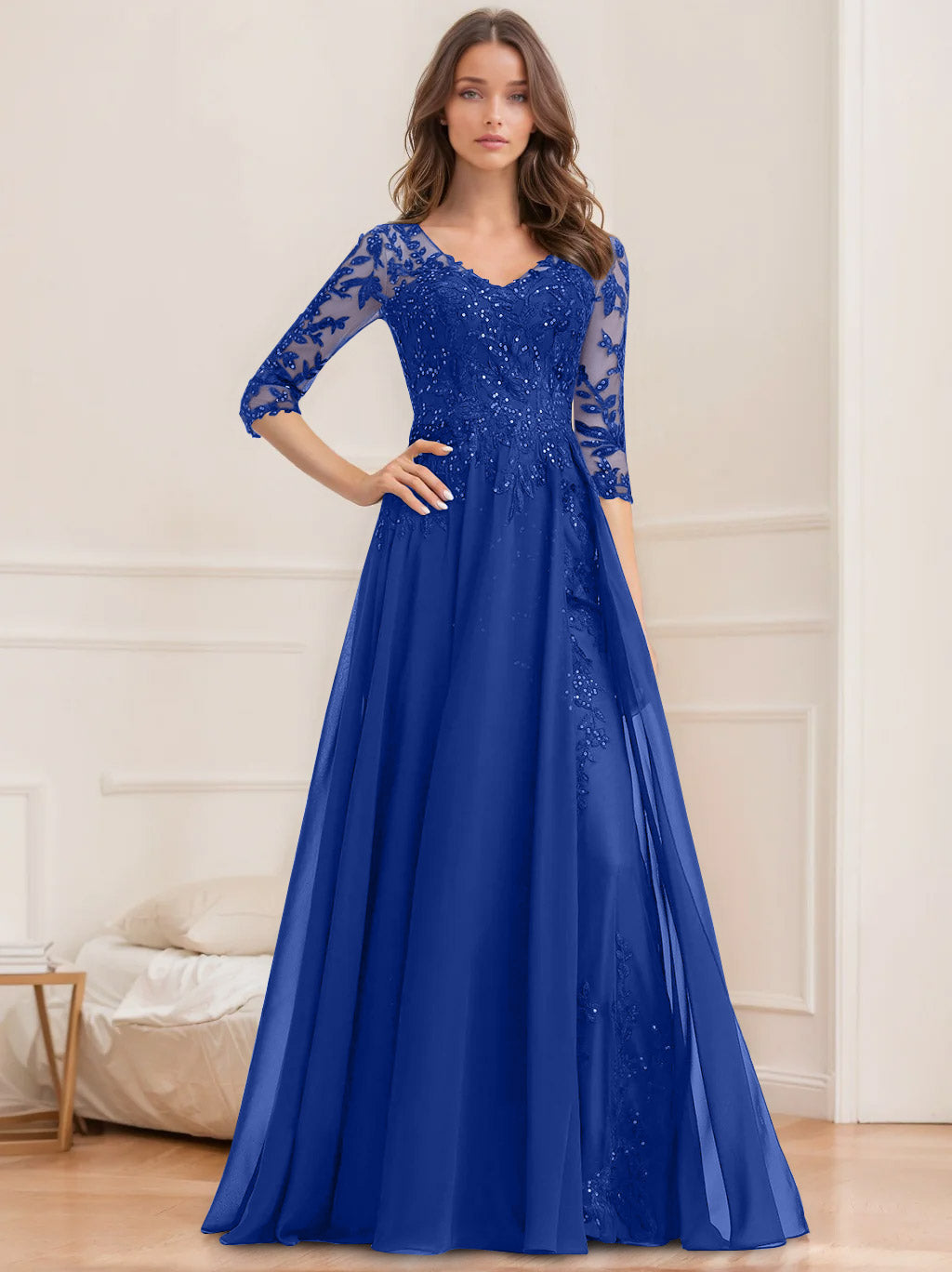 A Line Princess V Neck Half Sleeves Floor Length Mother Of The Bride Dresses With Sequins