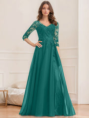 A Line Princess V Neck Half Sleeves Floor Length Mother Of The Bride Dresses With Sequins