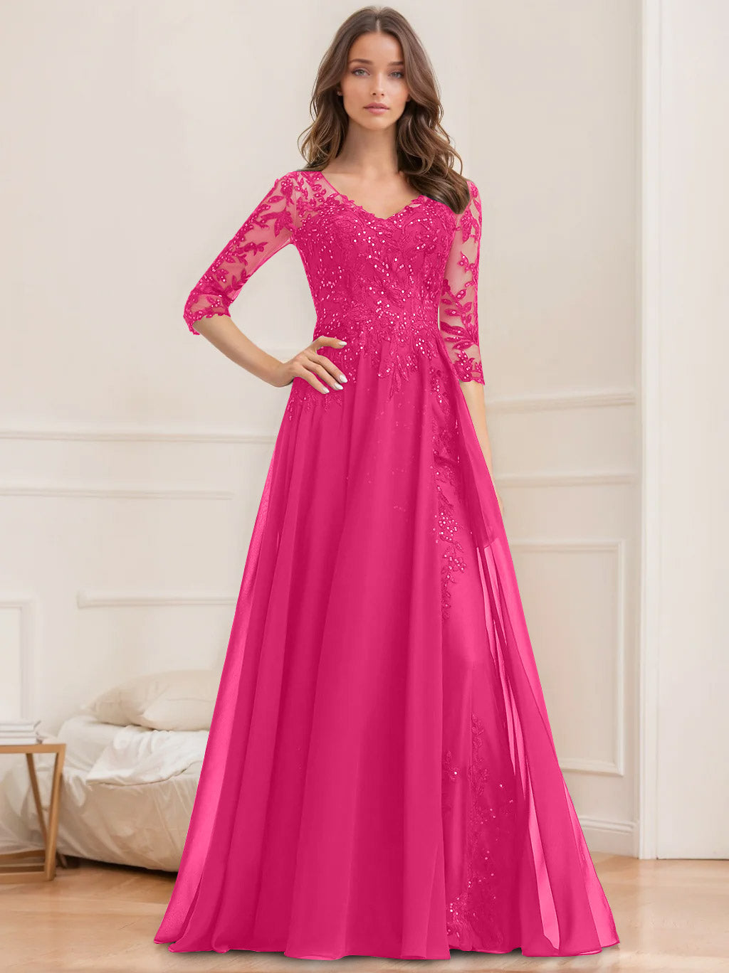 A Line Princess V Neck Half Sleeves Floor Length Mother Of The Bride Dresses With Sequins