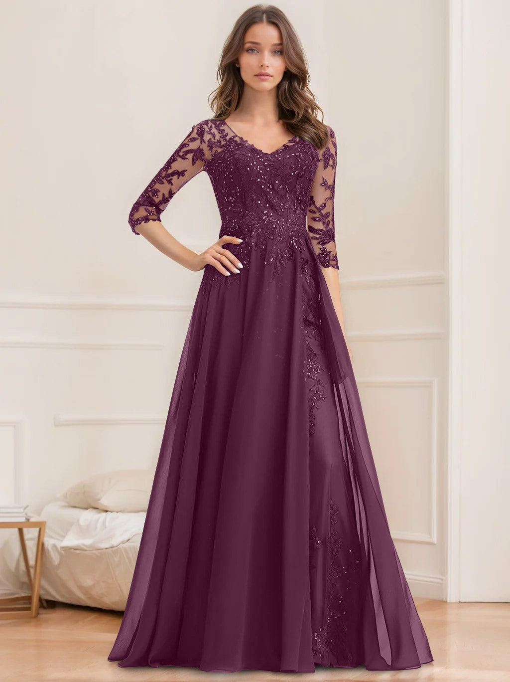 A Line Princess V Neck Half Sleeves Floor Length Mother Of The Bride Dresses With Sequins