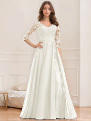 A Line Princess V Neck Half Sleeves Floor Length Mother Of The Bride Dresses With Sequins