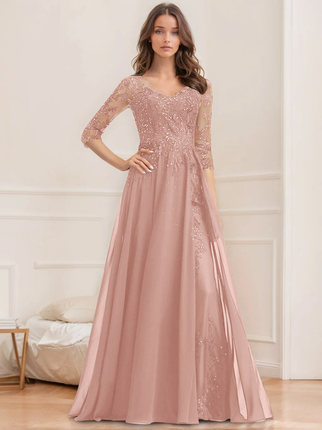 A Line Princess V Neck Half Sleeves Floor Length Mother Of The Bride Dresses With Sequins