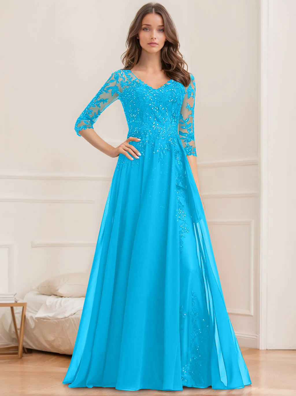 A Line Princess V Neck Half Sleeves Floor Length Mother Of The Bride Dresses With Sequins