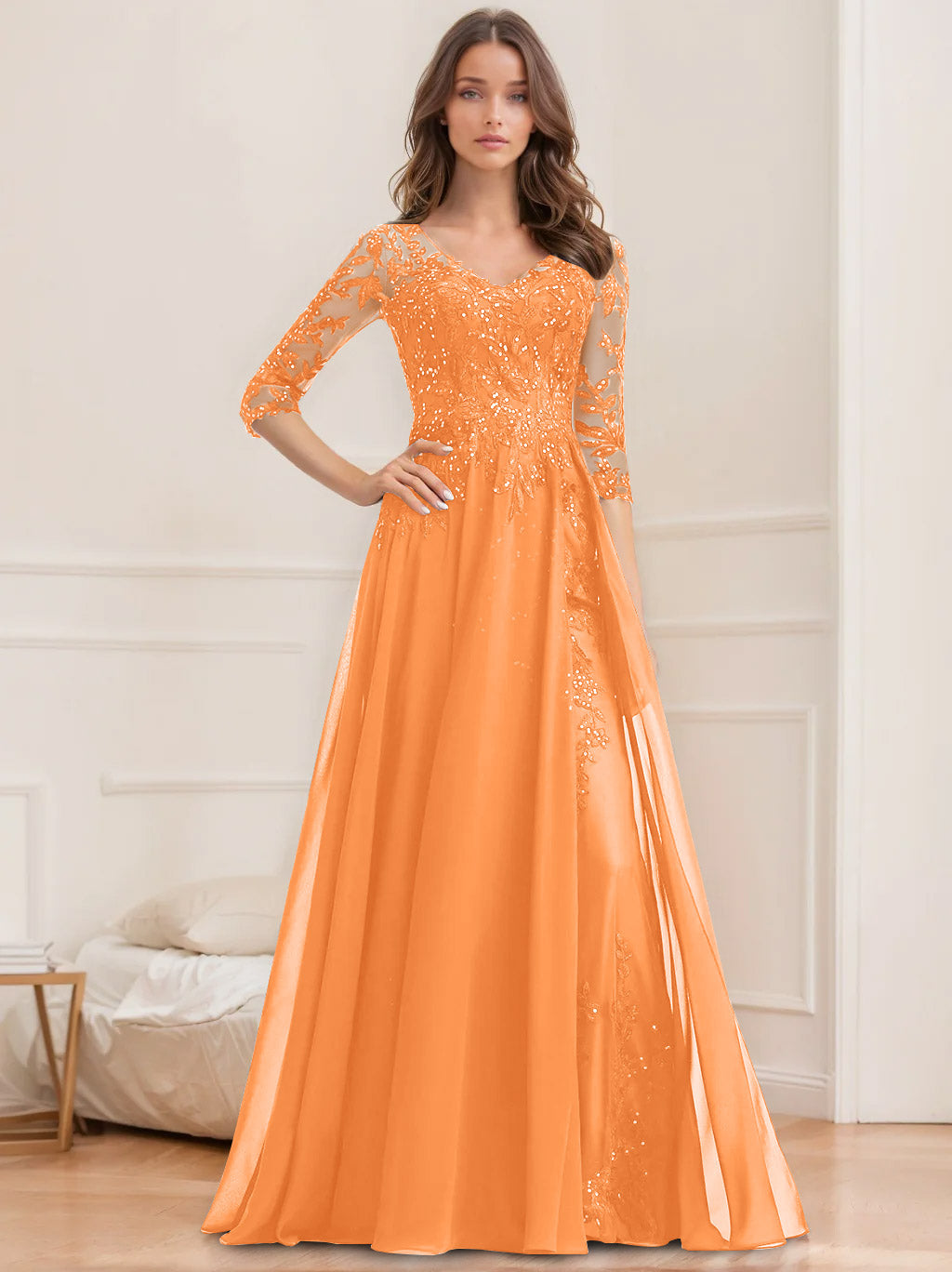 A Line Princess V Neck Half Sleeves Floor Length Mother Of The Bride Dresses With Sequins