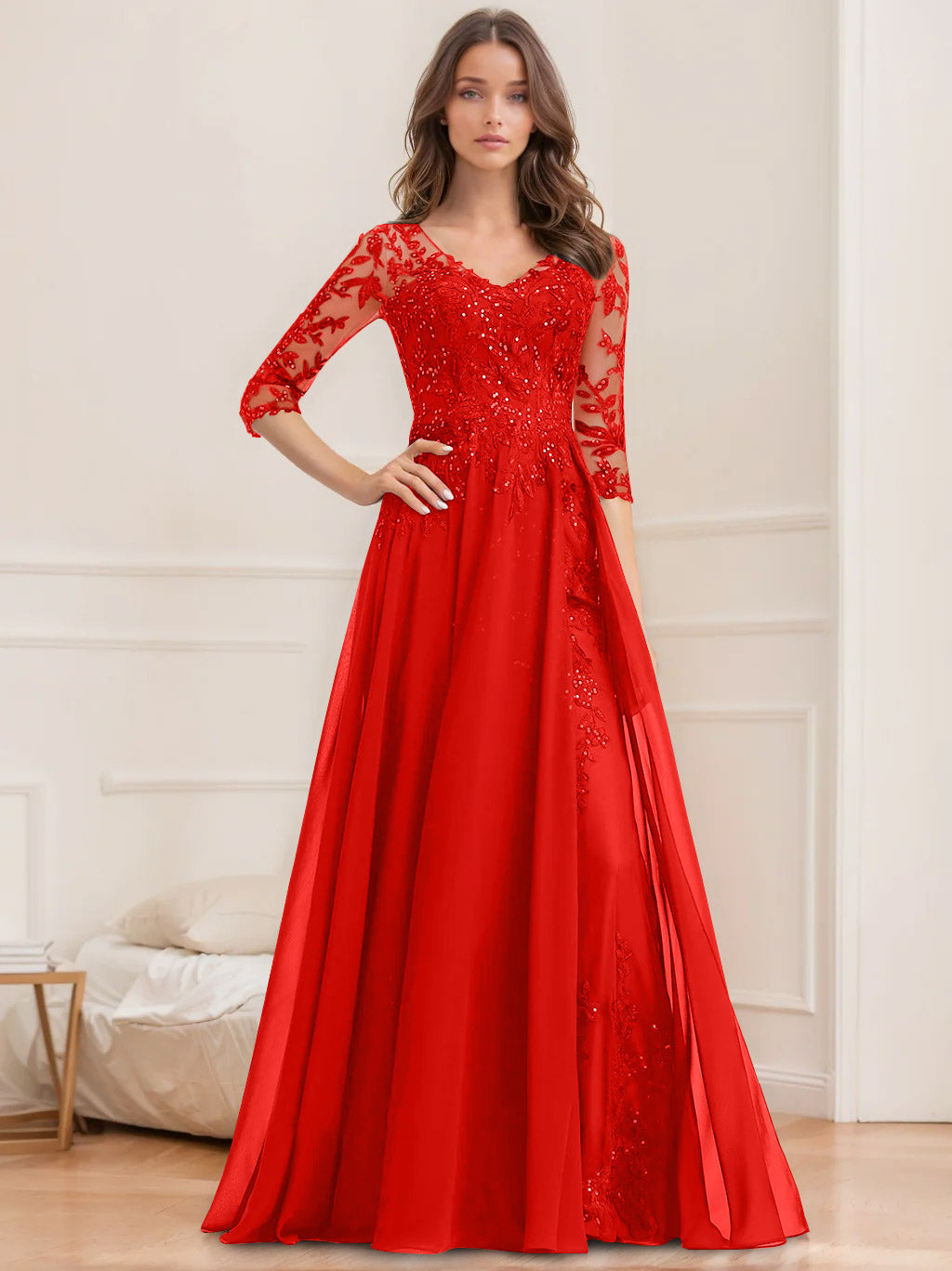 A Line Princess V Neck Half Sleeves Floor Length Mother Of The Bride Dresses With Sequins