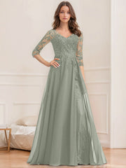 A Line Princess V Neck Half Sleeves Floor Length Mother Of The Bride Dresses With Sequins