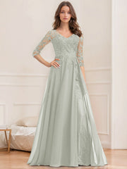 A Line Princess V Neck Half Sleeves Floor Length Mother Of The Bride Dresses With Sequins