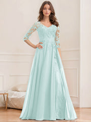 A Line Princess V Neck Half Sleeves Floor Length Mother Of The Bride Dresses With Sequins