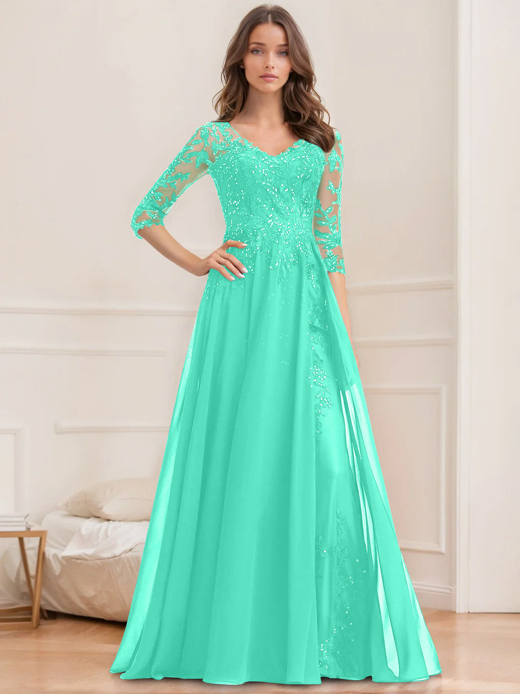 A Line Princess V Neck Half Sleeves Floor Length Mother Of The Bride Dresses With Sequins