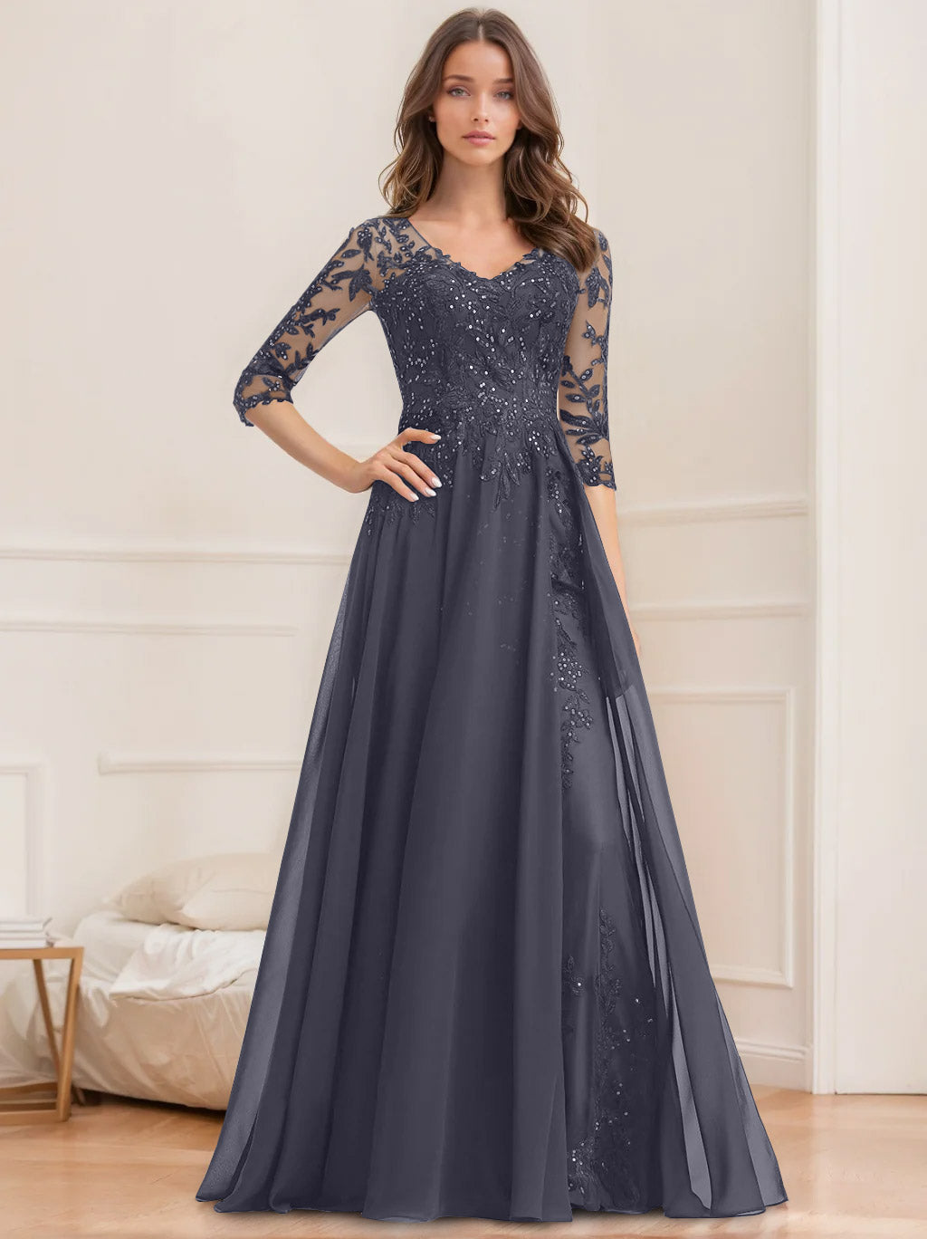 A Line Princess V Neck Half Sleeves Floor Length Mother Of The Bride Dresses With Sequins