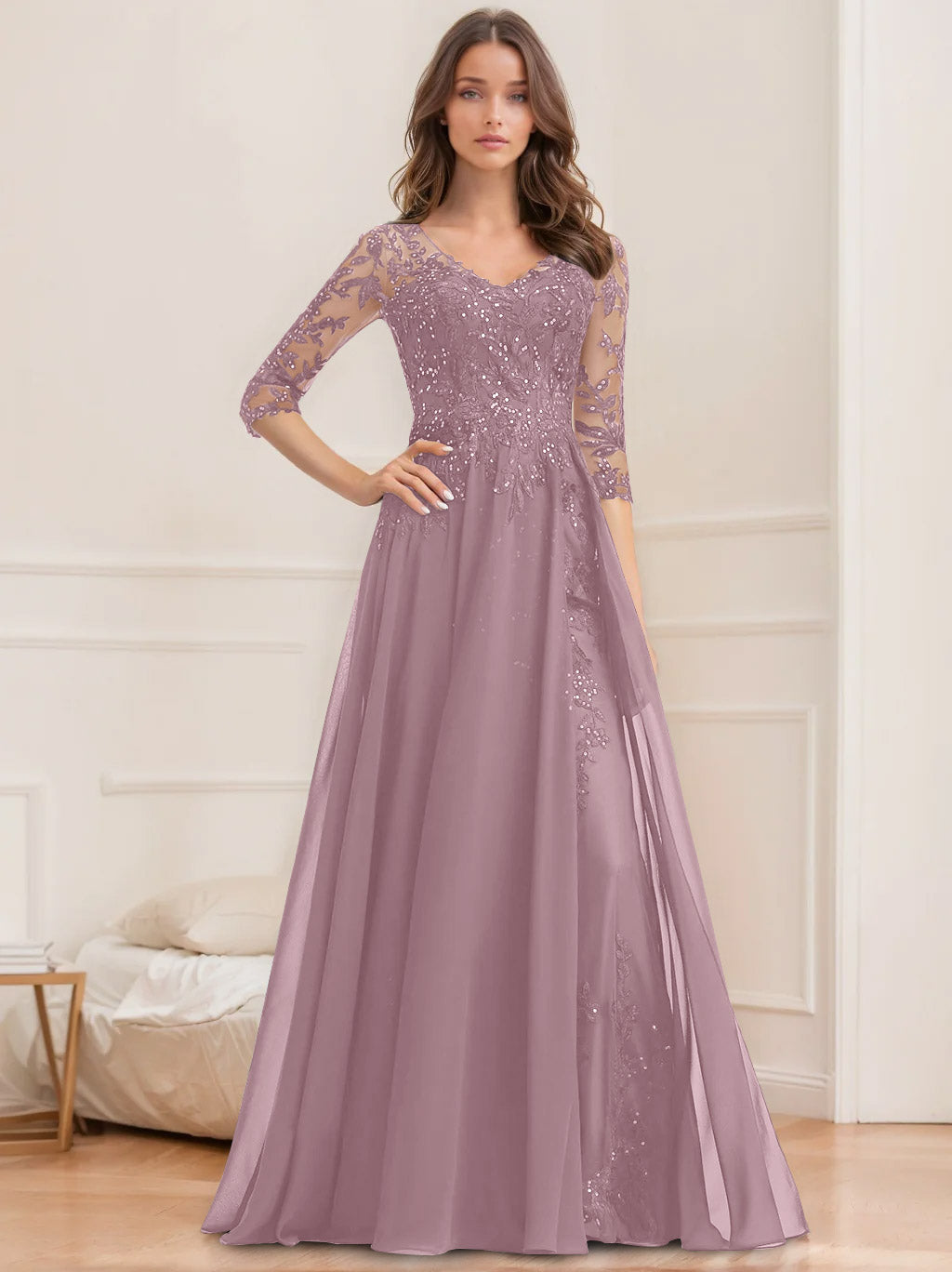 A Line Princess V Neck Half Sleeves Floor Length Mother Of The Bride Dresses With Sequins