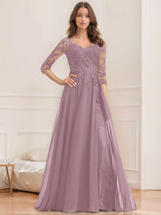 A Line Princess V Neck Half Sleeves Floor Length Mother Of The Bride Dresses With Sequins