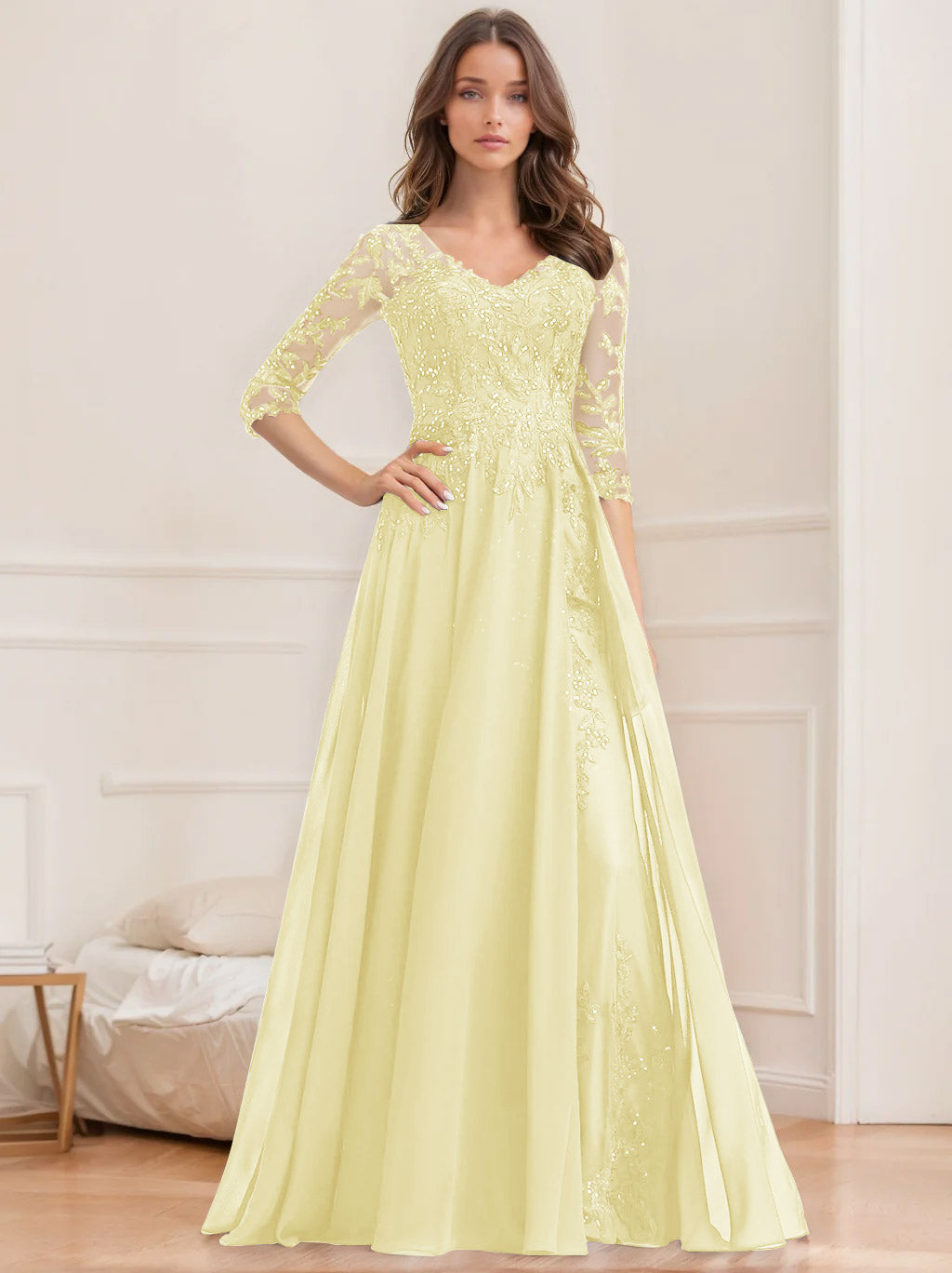 A Line Princess V Neck Half Sleeves Floor Length Mother Of The Bride Dresses With Sequins