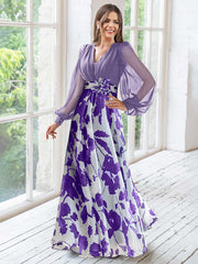 A Line Princess V Neck Long Sleeves Floor Length Floral Mother Of The Bride Dresses With Flower