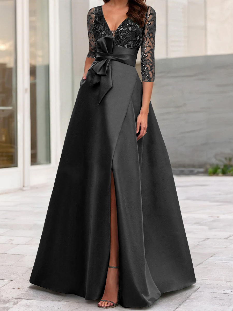 A Line Princess V Neck Floor Length Mother Of The Bride Dresses With Split Side Ruffles Sequins Bow S