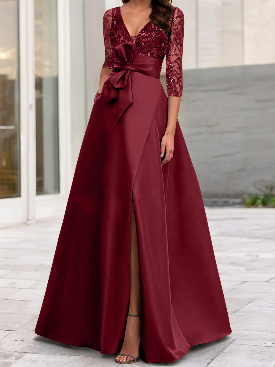A Line Princess V Neck Floor Length Mother Of The Bride Dresses With Split Side Ruffles Sequins Bow S