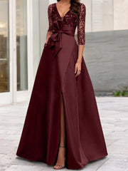 A Line Princess V Neck Floor Length Mother Of The Bride Dresses With Split Side Ruffles Sequins Bow S