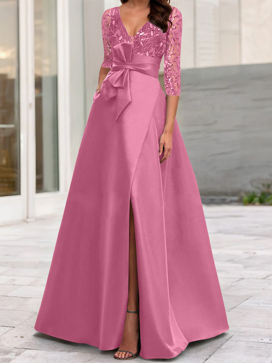 A Line Princess V Neck Floor Length Mother Of The Bride Dresses With Split Side Ruffles Sequins Bow S