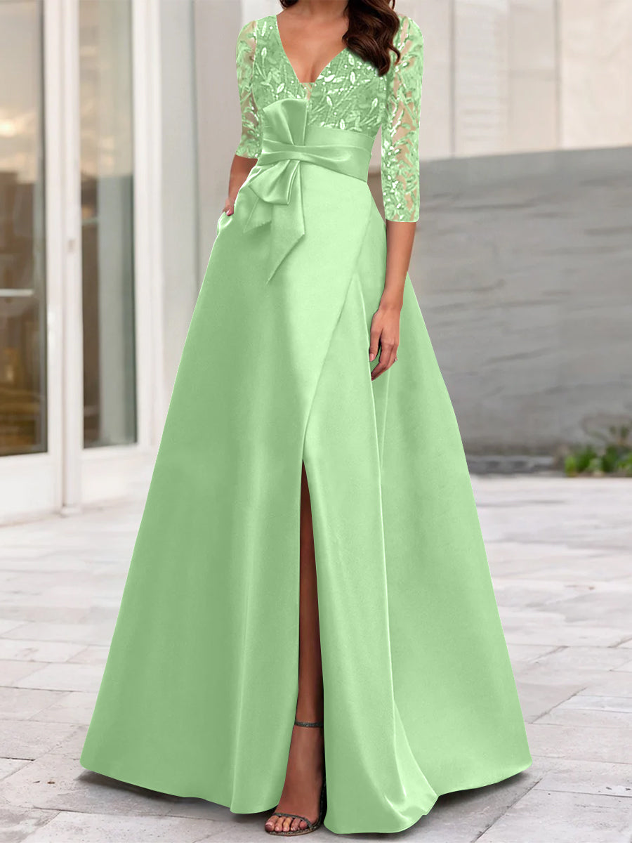 A Line Princess V Neck Floor Length Mother Of The Bride Dresses With Split Side Ruffles Sequins Bow S
