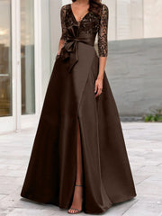A Line Princess V Neck Floor Length Mother Of The Bride Dresses With Split Side Ruffles Sequins Bow S