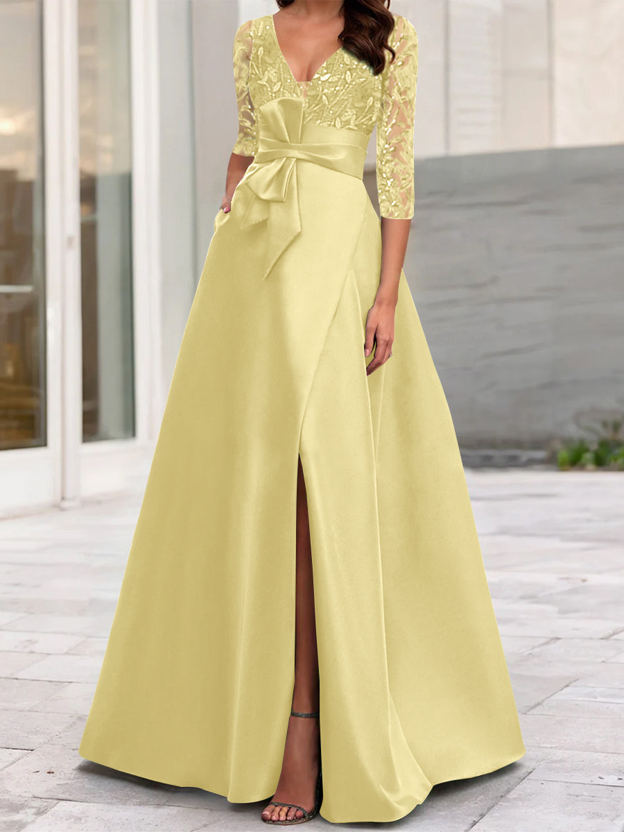 A Line Princess V Neck Floor Length Mother Of The Bride Dresses With Split Side Ruffles Sequins Bow S