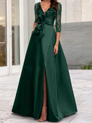 A Line Princess V Neck Floor Length Mother Of The Bride Dresses With Split Side Ruffles Sequins Bow S