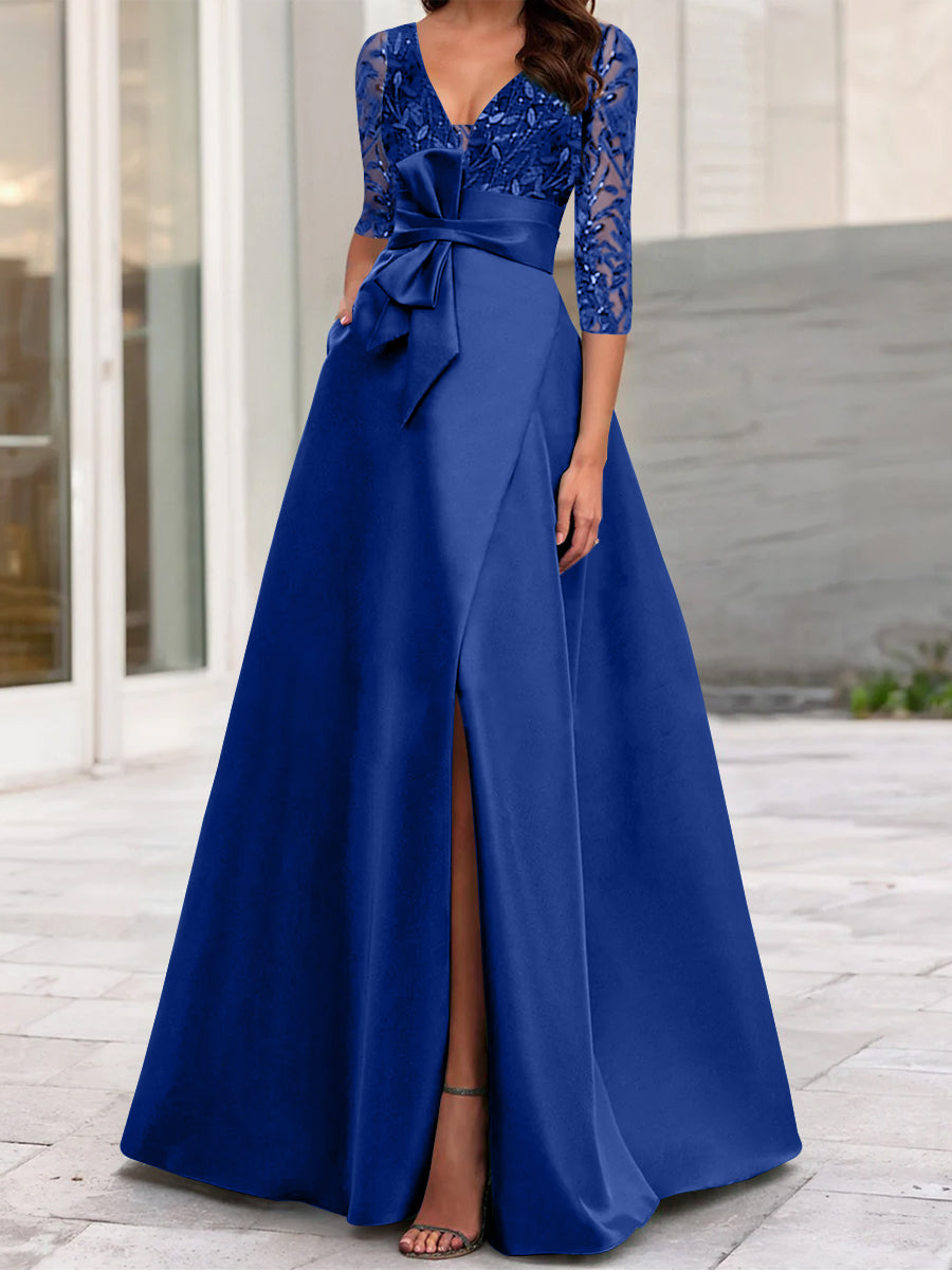 A Line Princess V Neck Floor Length Mother Of The Bride Dresses With Split Side Ruffles Sequins Bow S
