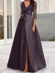A Line Princess V Neck Floor Length Mother Of The Bride Dresses With Split Side Ruffles Sequins Bow S