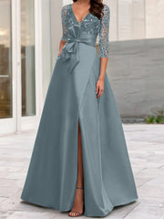 A Line Princess V Neck Floor Length Mother Of The Bride Dresses With Split Side Ruffles Sequins Bow S