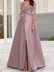 A Line Princess V Neck Floor Length Mother Of The Bride Dresses With Split Side Ruffles Sequins Bow S