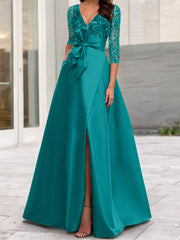 A Line Princess V Neck Floor Length Mother Of The Bride Dresses With Split Side Ruffles Sequins Bow S