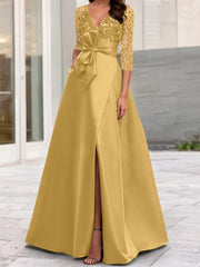 A Line Princess V Neck Floor Length Mother Of The Bride Dresses With Split Side Ruffles Sequins Bow S