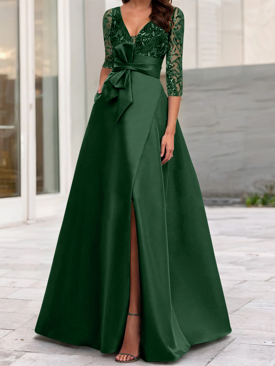 A Line Princess V Neck Floor Length Mother Of The Bride Dresses With Split Side Ruffles Sequins Bow S