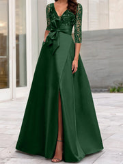 A Line Princess V Neck Floor Length Mother Of The Bride Dresses With Split Side Ruffles Sequins Bow S