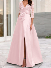A Line Princess V Neck Floor Length Mother Of The Bride Dresses With Split Side Ruffles Sequins Bow S