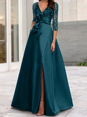 A Line Princess V Neck Floor Length Mother Of The Bride Dresses With Split Side Ruffles Sequins Bow S