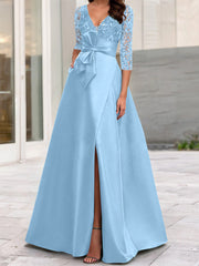 A Line Princess V Neck Floor Length Mother Of The Bride Dresses With Split Side Ruffles Sequins Bow S