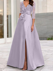 A Line Princess V Neck Floor Length Mother Of The Bride Dresses With Split Side Ruffles Sequins Bow S
