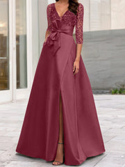 A Line Princess V Neck Floor Length Mother Of The Bride Dresses With Split Side Ruffles Sequins Bow S