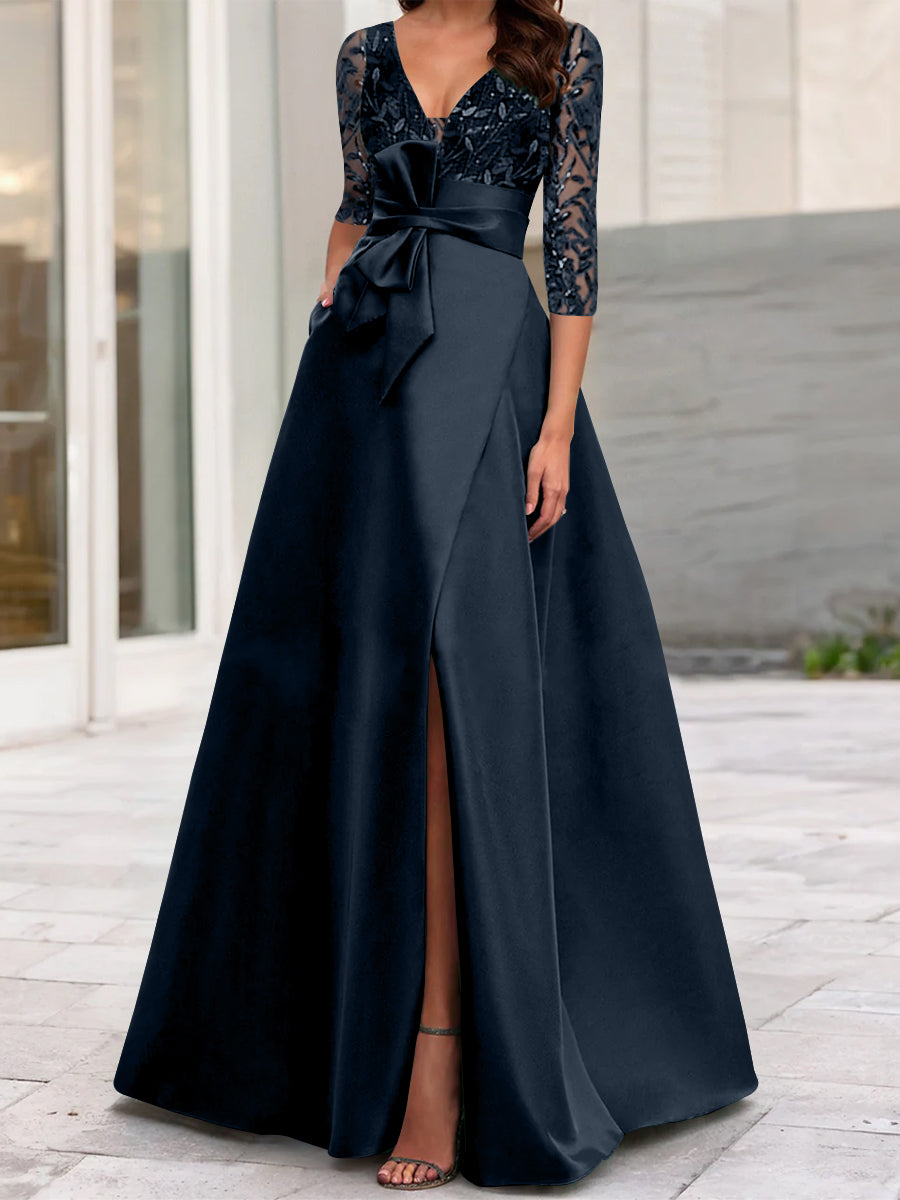 A Line Princess V Neck Floor Length Mother Of The Bride Dresses With Split Side Ruffles Sequins Bow S
