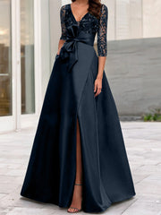 A Line Princess V Neck Floor Length Mother Of The Bride Dresses With Split Side Ruffles Sequins Bow S