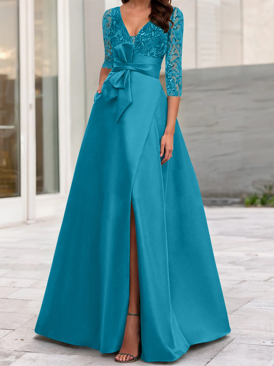 A Line Princess V Neck Floor Length Mother Of The Bride Dresses With Split Side Ruffles Sequins Bow S