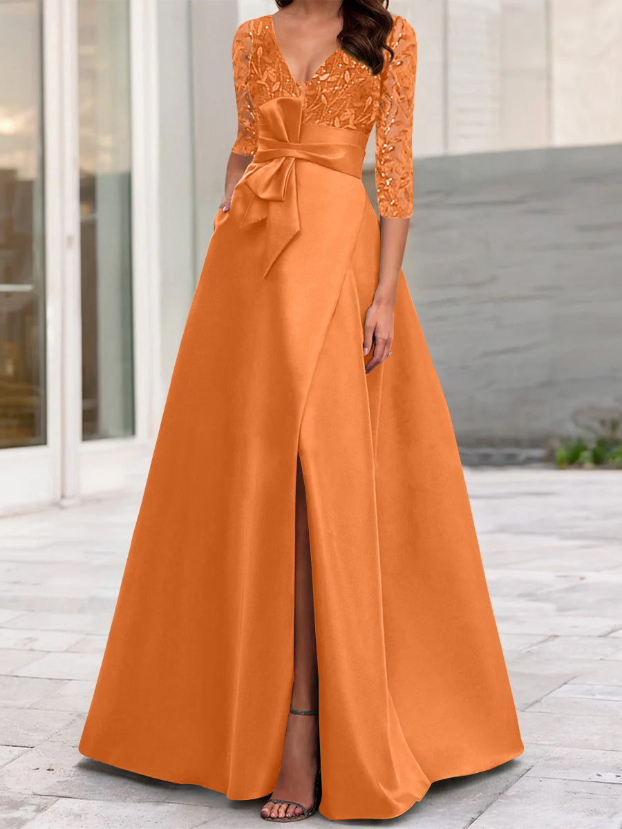A Line Princess V Neck Floor Length Mother Of The Bride Dresses With Split Side Ruffles Sequins Bow S