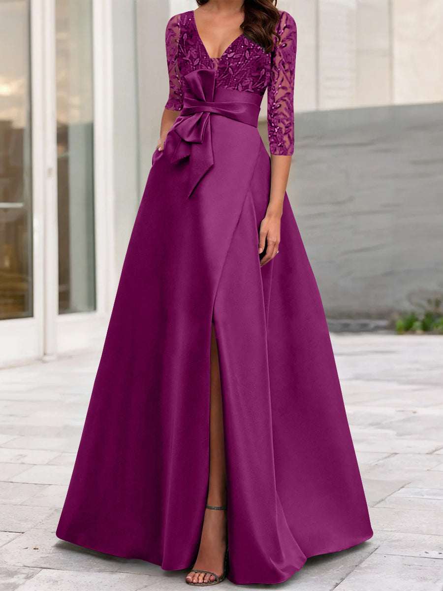 A Line Princess V Neck Floor Length Mother Of The Bride Dresses With Split Side Ruffles Sequins Bow S