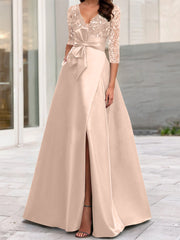 A Line Princess V Neck Floor Length Mother Of The Bride Dresses With Split Side Ruffles Sequins Bow S