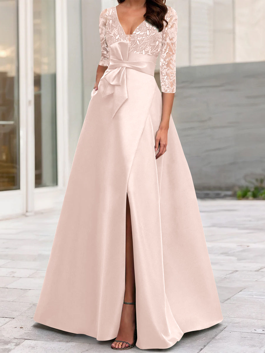A Line Princess V Neck Floor Length Mother Of The Bride Dresses With Split Side Ruffles Sequins Bow S