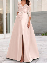 A Line Princess V Neck Floor Length Mother Of The Bride Dresses With Split Side Ruffles Sequins Bow S